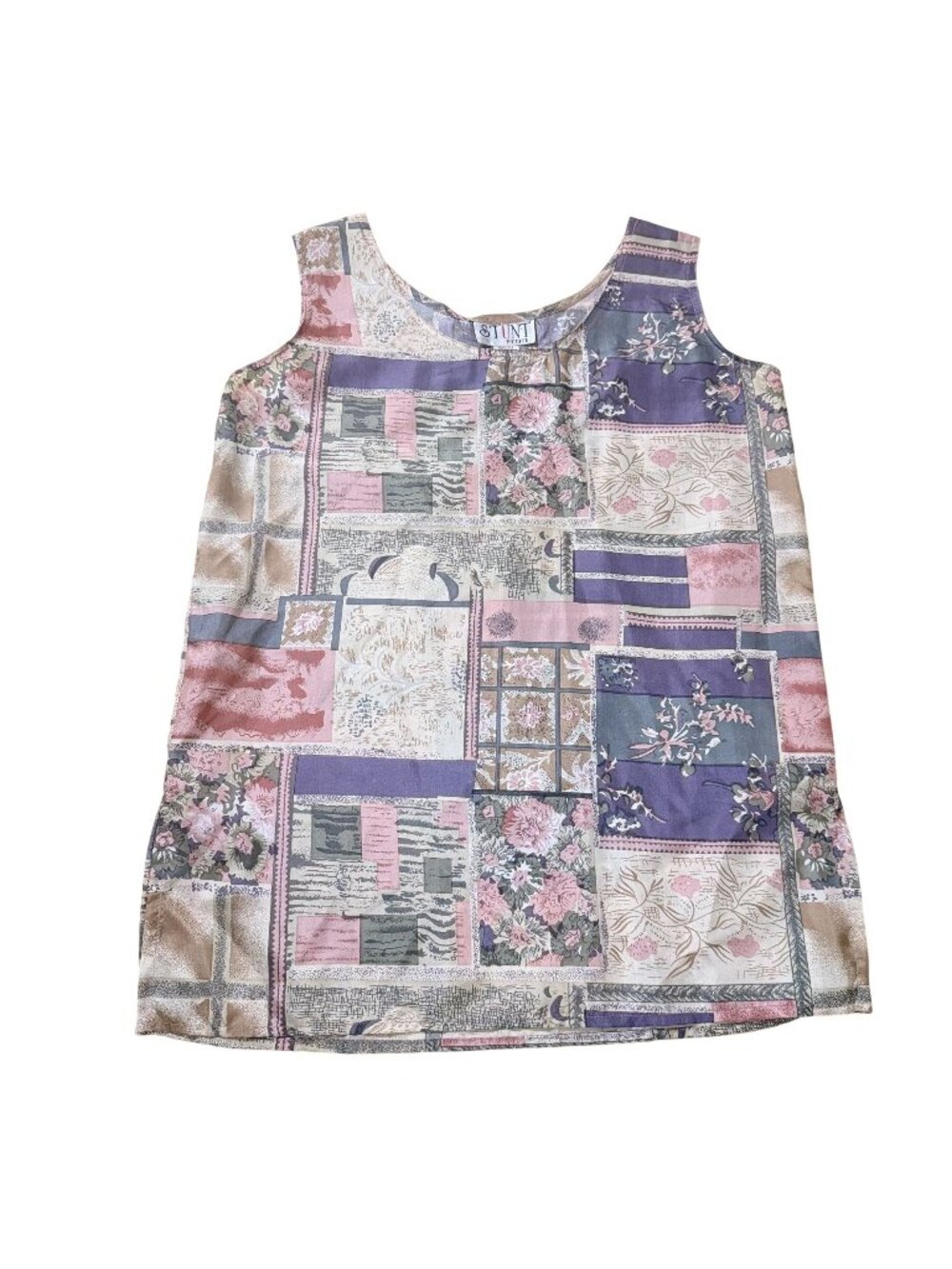 Vintage Women’s Stunt Petite 100% Silk Patchwork Floral Tank Top P5 Pink Purple